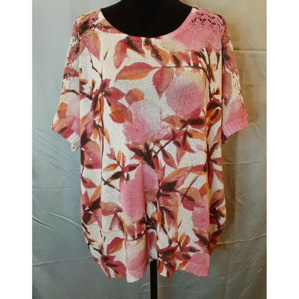 NEW Chico's Women's Sz 3 Lg Pink Cream Floral Knit Pullover Top Short‎ Slv
